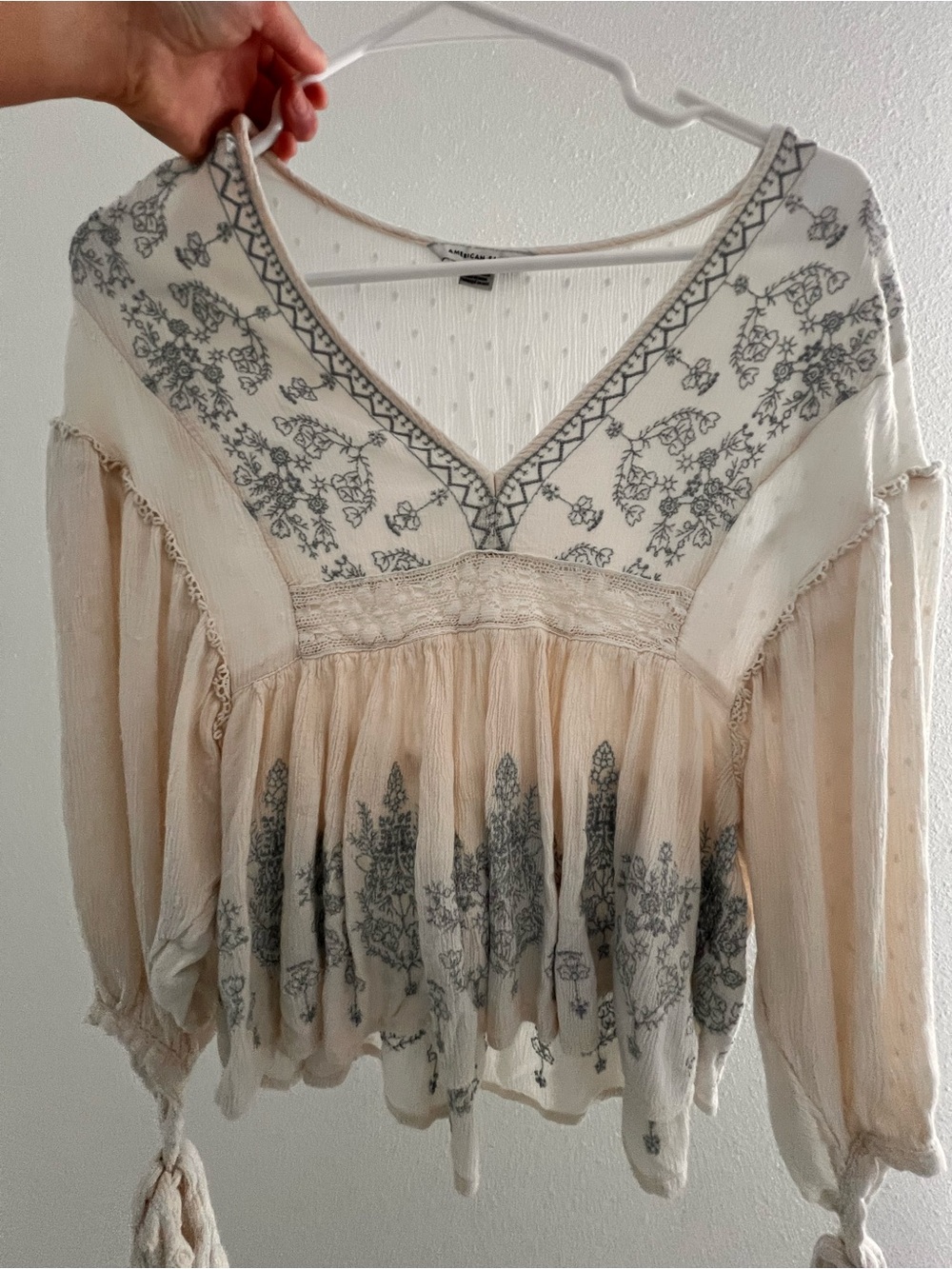 American Eagle Outfitters Cream and Gray Boho Embroidered V-Neck Tunic